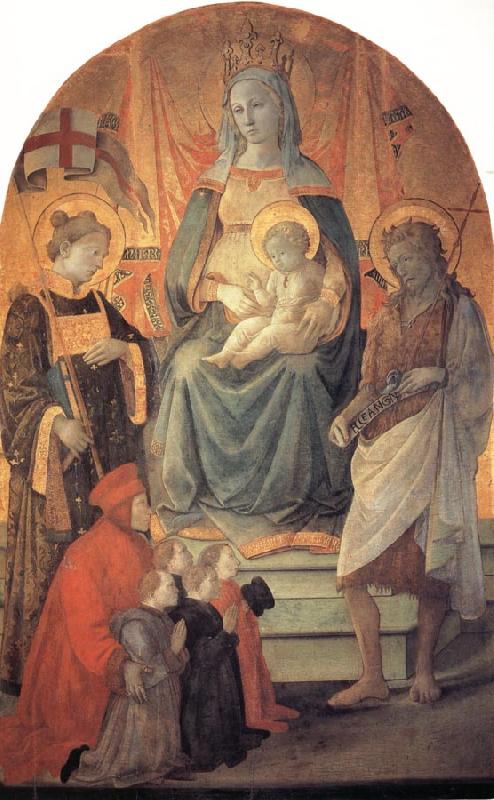 Fra Filippo Lippi The Madonna and Child Enthroned with Stephen,St John the Baptist,Francesco di Marco Datini and Four Buonomini of the Hospital of the Ceppo of Prato Germany oil painting art